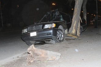 В Ереване автомобиль повалил дерево (видео)