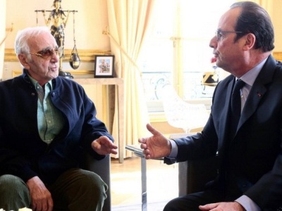 Francois Hollande meets with Charles Aznavour