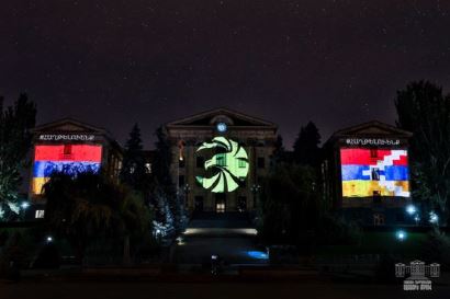 Karabakh, Armenia flags are illuminated on Armenia parliament building