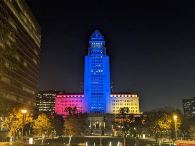 Los Angeles City Hall is illuminated in Armenia flag colors