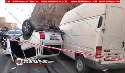 Բագրատունյաց պողոտայում իրար են բախվել «Honda»-ն, «Ford Transit»-ն ու «Նիվա»-ն․ վերջինը շրջվել է