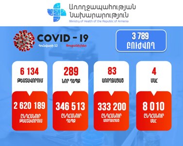 В Армении за сутки зарегистрировано 289 новых случаев заражения коронавирусом