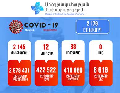 В Армении за сутки зарегистрировано 12 новых случаев заражения коронавирусом