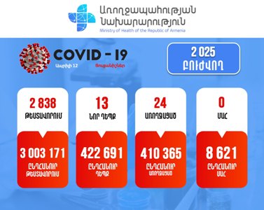 В Армении за сутки зарегистрировано 13 новых случаев заражения коронавирусом