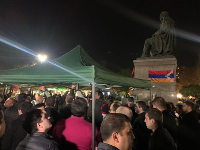 Downtown Yerevan sit-in participants pitch tent at Freedom Square