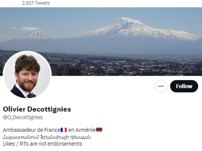 Новый посол Франции в Армении сменил фон в «Twitter»: он разместил фотографию горы Арарат
