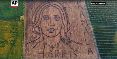 Italy land artist creates giant portrait of Kamala Harris on field, with tractor and plow