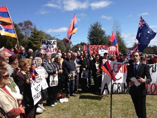 Armenian Australians protest near Hungarian Embassy in Canberra