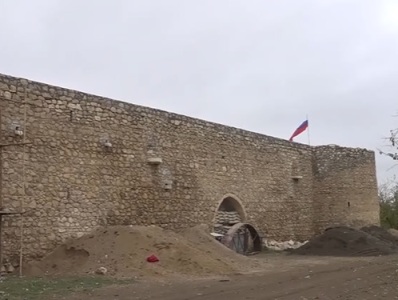 Amaras Monastery under control of Artsakh Defense Army, Russian flag on gate