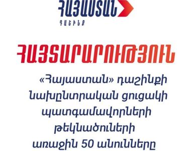"Armenia" bloc top 50 MP candidates are announced