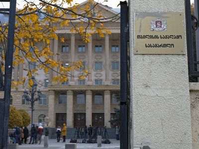 Венок и туалетная бумага - у здания суда в Тбилиси устроили перформанс