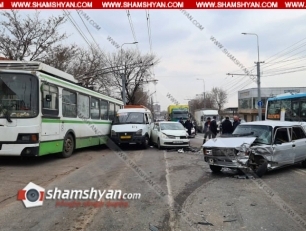 Երևանում բախվել է 9 տրանսպորտային միջոց, այդ թվում՝ 114 համարի երթուղայինն ու 15 համարի տրոլեյբուսը. կան վիրավորներ