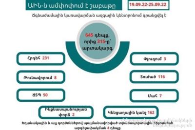 Անցած շաբաթ Հայաստանում գրանցվել է 315 արտակարգ դեպք. Գրանցվել է 7 մահ