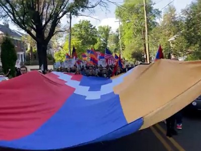 American Armenians march, with huge Karabakh flag, to Turkey embassy in Washington