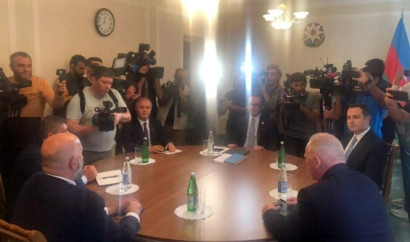 Davit Melkumyan and Sergey Martirosyan from Stepanakert attend meeting in Evlakh with Baku representatives