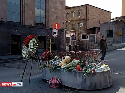 Flowers, toys, and candles near Russian Embassy in Armenia in memory of victims of terrorist attack in Crocus City Hall