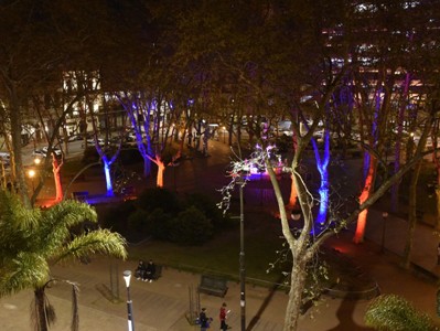 Uruguay capital Montevideo’s Constitution Square illuminated in Armenia flag tricolors