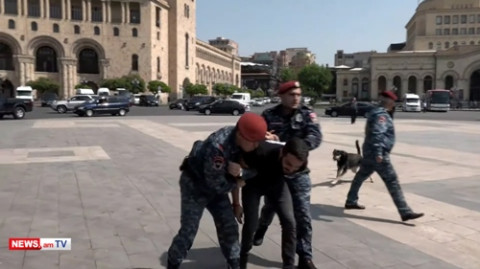 Ոստիկանները բերման ենթարկեցին Կառավարության առաջ Նիկոլ Փաշինյանի նկարով հավեր բերած ցուցարարներին