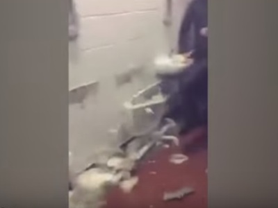 Manchester City fans filmed smashing up Old Trafford toilets